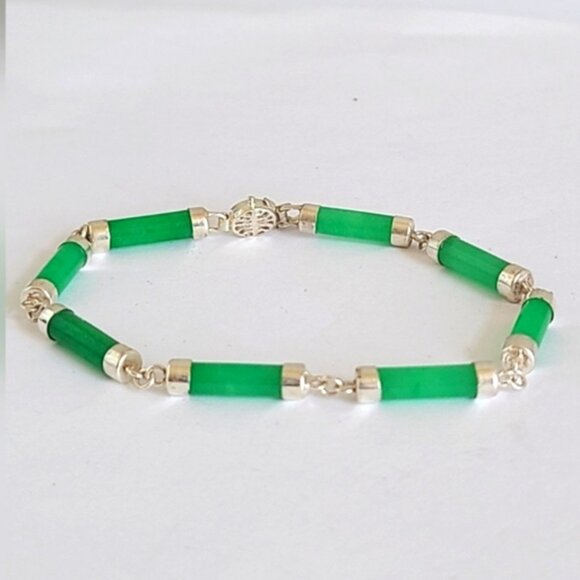Luxury Boho Dyed Green Jade Tube Link Sterling Silver Chain Bracelet 7.5 inch - Picture 1 of 9